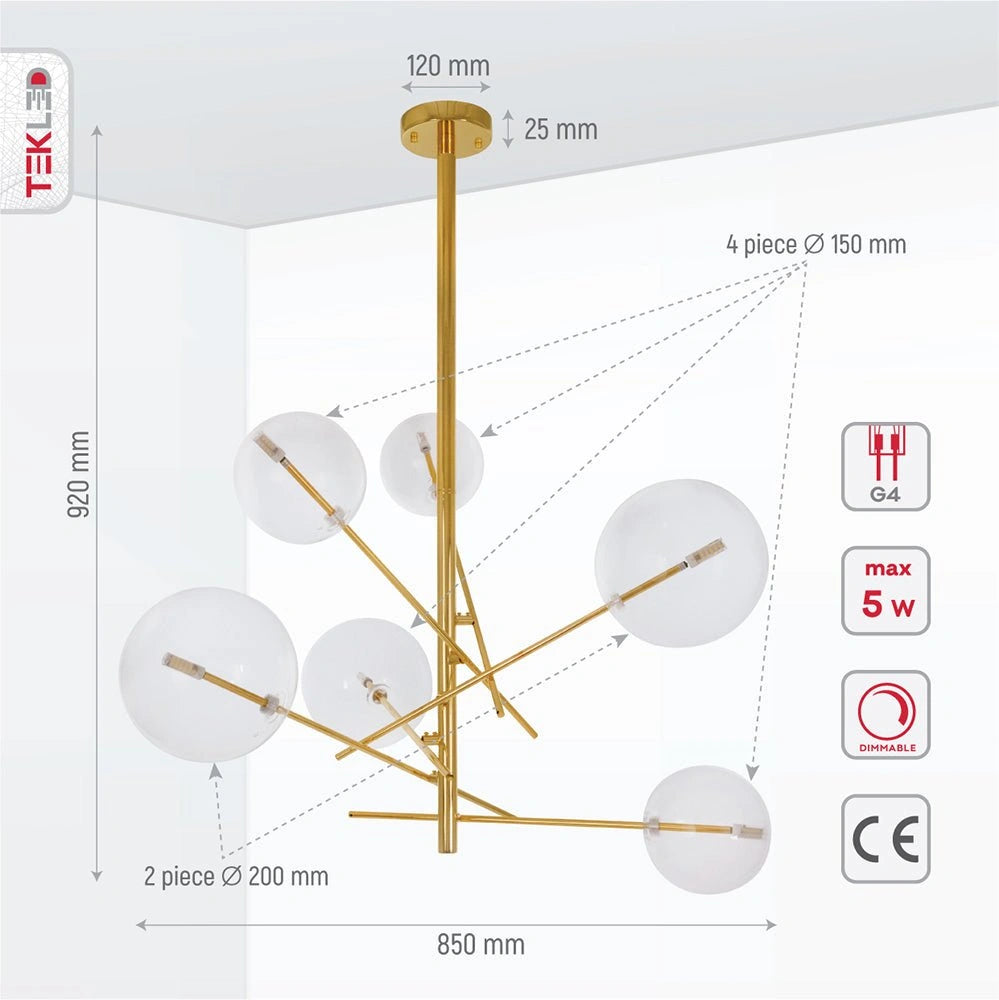 Product dimensions of golden antique brass metal clear glass globe chandelier with g4 fitting