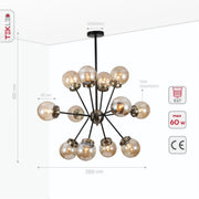 Product dimensions of amber glass globe black and antique brass semi flush ceiling light 12xe27