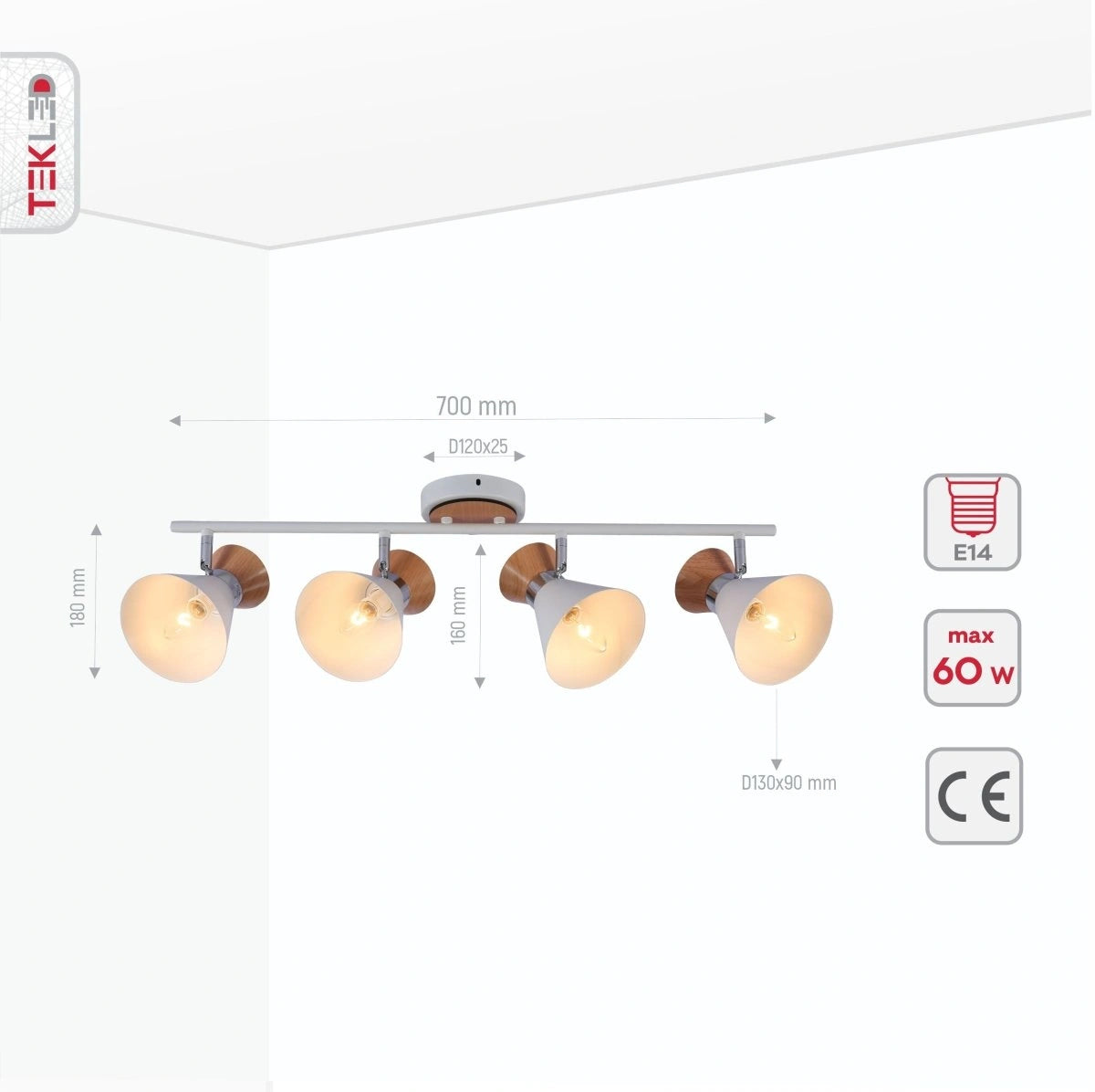 Product dimensions of white metal wood funnel semi flush ceiling light 4xe14