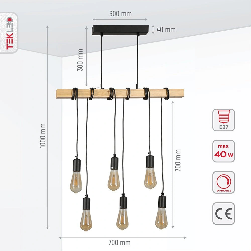 Product dimensions of timber wood rod dropping chandelier with 6xe27 fitting