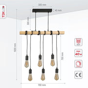 Dimensiones del producto de la lámpara colgante de varilla de madera con 6xE27 ?????????????  ??????? ?????? ?? ?????????? ????????????eringen E27