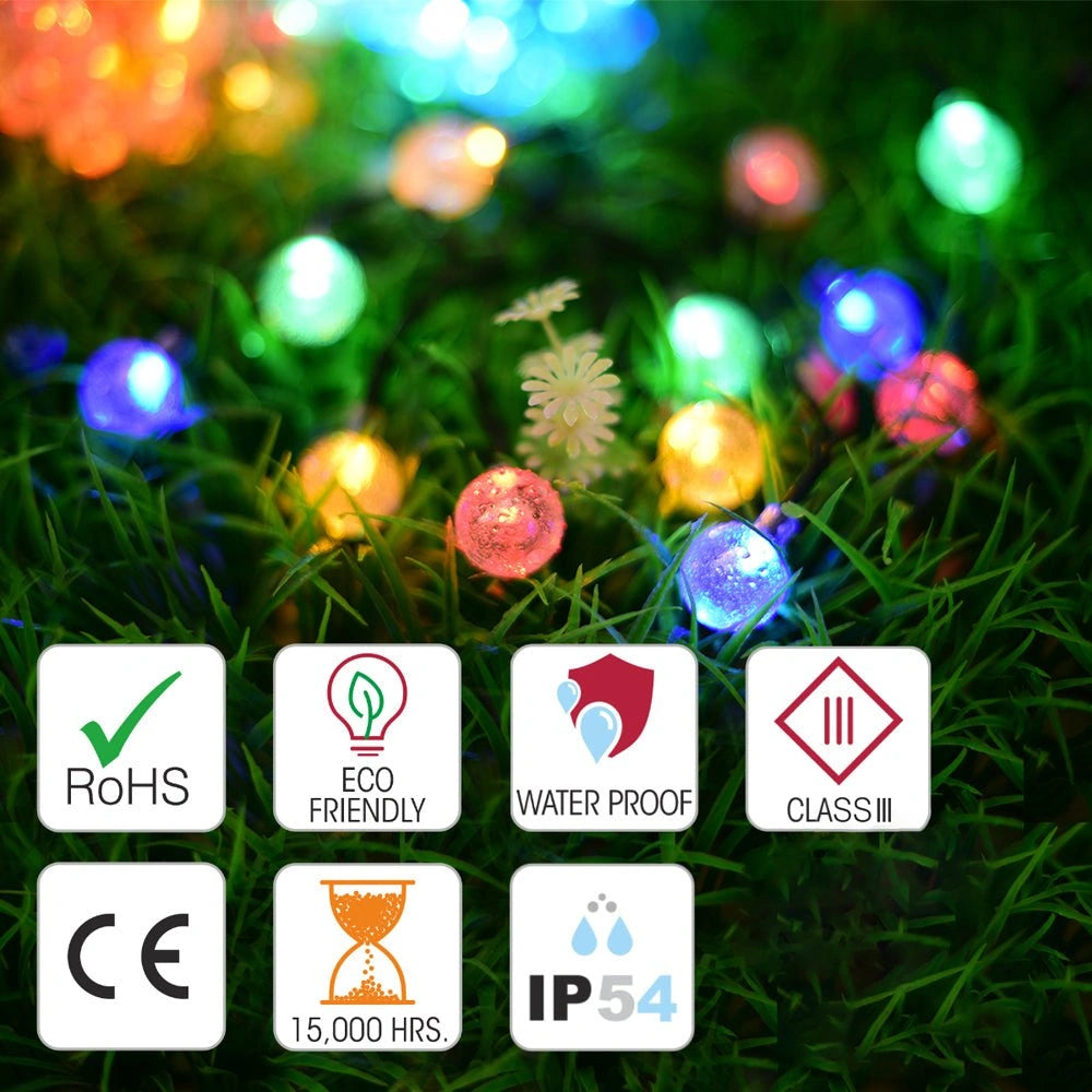 Outdoor usage and features of Lyra Solar Globe 50 LEDs 95m Multi-colour LED String Light