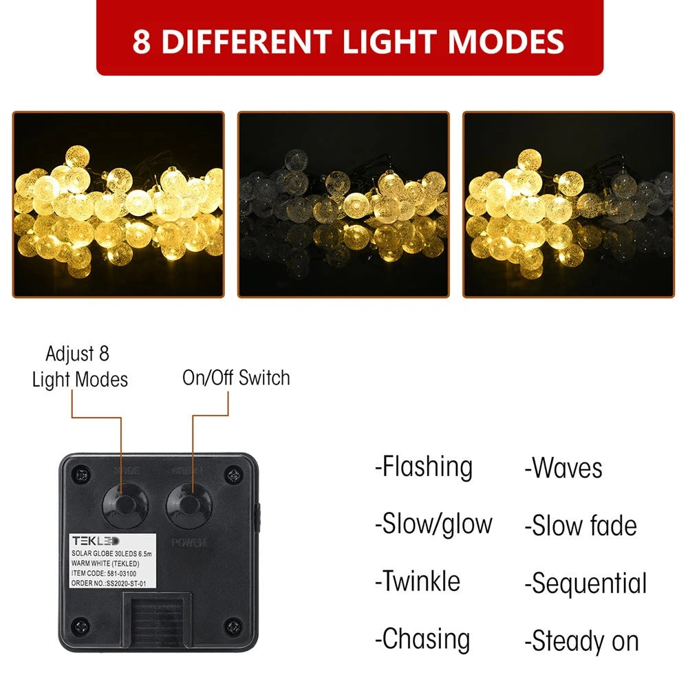 Different light modes of Lyra Solar Globe 30 LEDs 65m Warm White String Light
