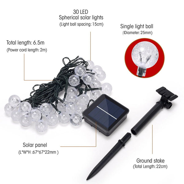 Product dimensions and contents of Lyra Solar Globe 30 LEDs 65m Warm White String Light