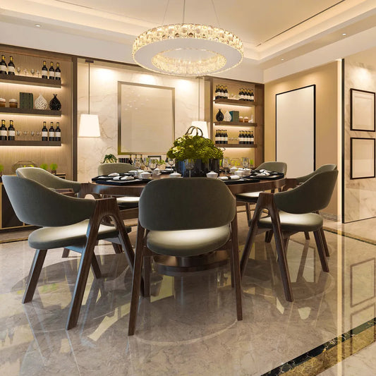 Elegante lámpara de araña de cristal en un comedor moderno, con un acabado cromado abollado, que realza la decoración sofisticada.159-18346