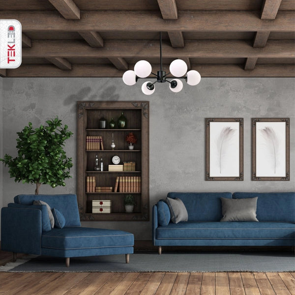 More interior usage of Snowflake Opal Globe Glass Black Body Ceiling Light with 6xE27 Fittings | TEKLED 159-17423