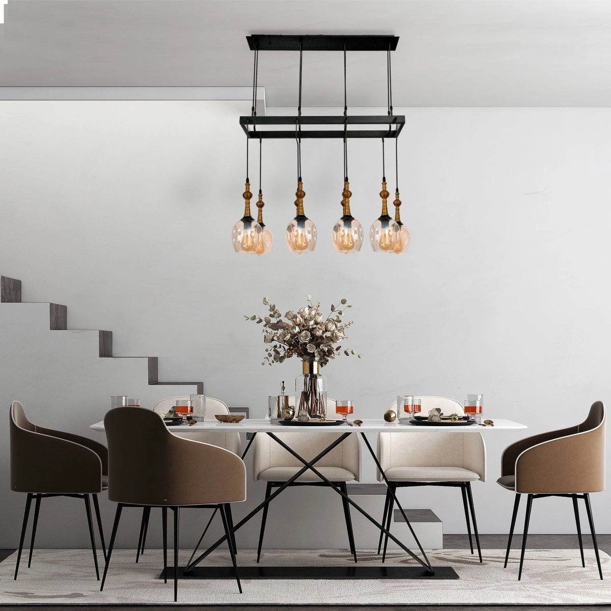More interior usage of Amber Cone Glass Black Metal Island Chandelier with 8xE27 Fitting | TEKLED 158-19582