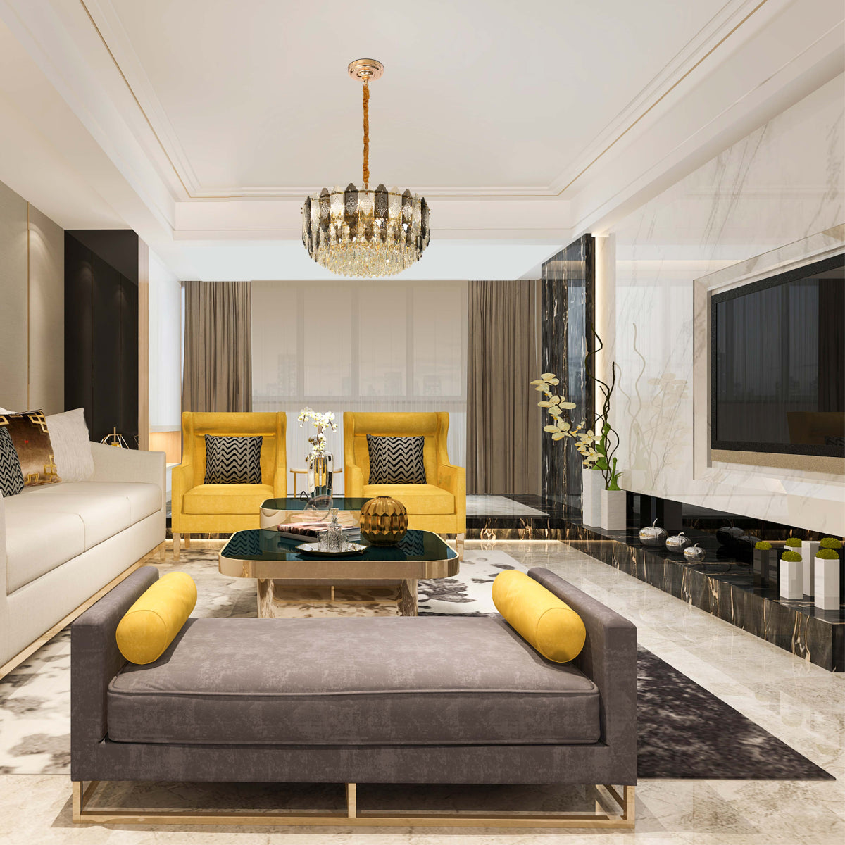 Interior application of Deluxe Smoky Clear Crystal Modern Chandelier Light Gold