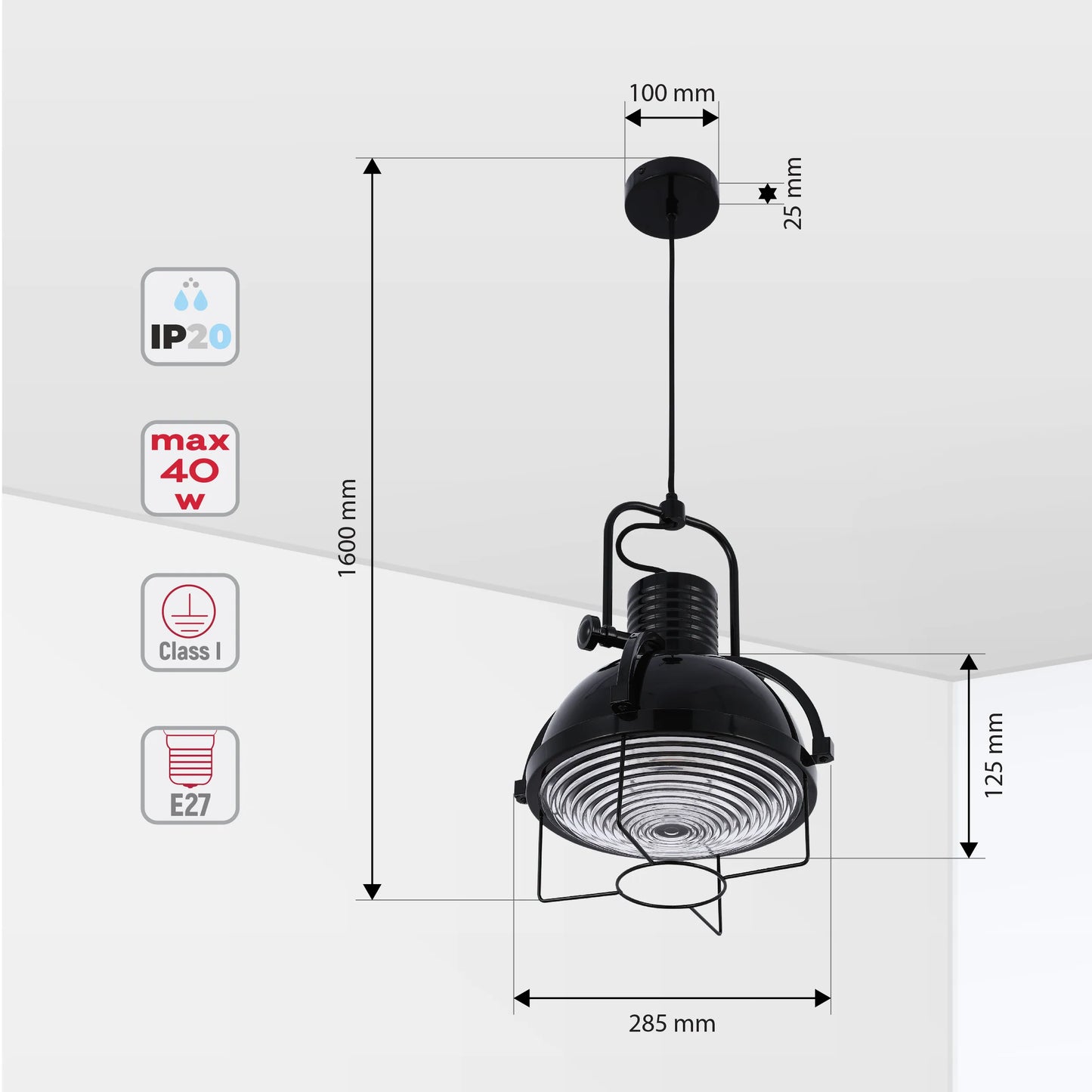 Lámpara Colgante Industrial con Cúpula y Vidrio Texturizado con Jaula