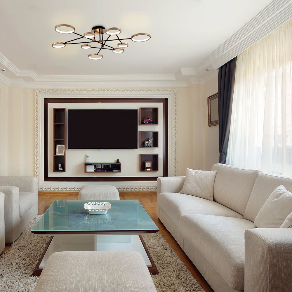 Indoor usage of Contemporary Galaxy Gold Ring Black Rods Modern Semi Flush Chandelier Ceiling Light 72w Warm White | TEKLED 159-17550