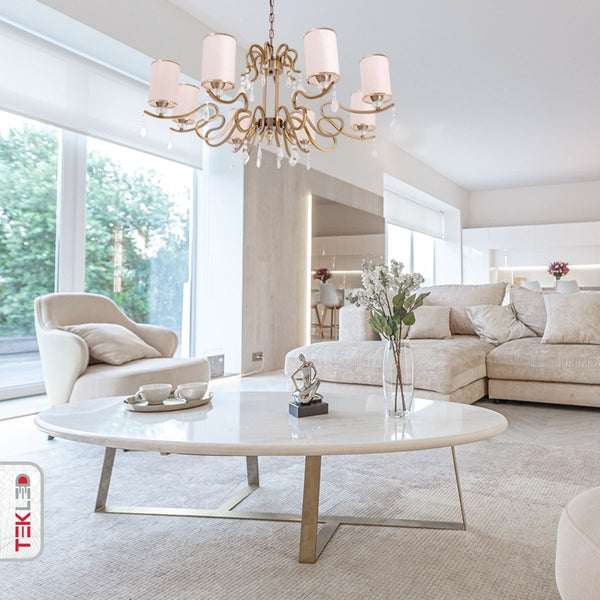 Indoor usage of Cream Shade Antique Brass Metal 8 Arm Chandelier with Pendeloque Crystals 8xE14 | TEKLED 158-17828