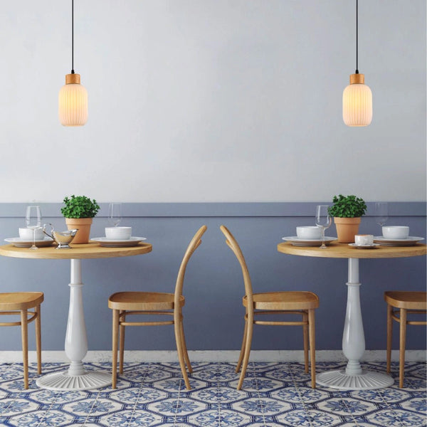 Indoor usage of Sawyer Ribbed Fluted Reeded Maloto Lantern Opal Glass Pendant Ceiling Light E27 Wood Top | TEKLED 150-18708