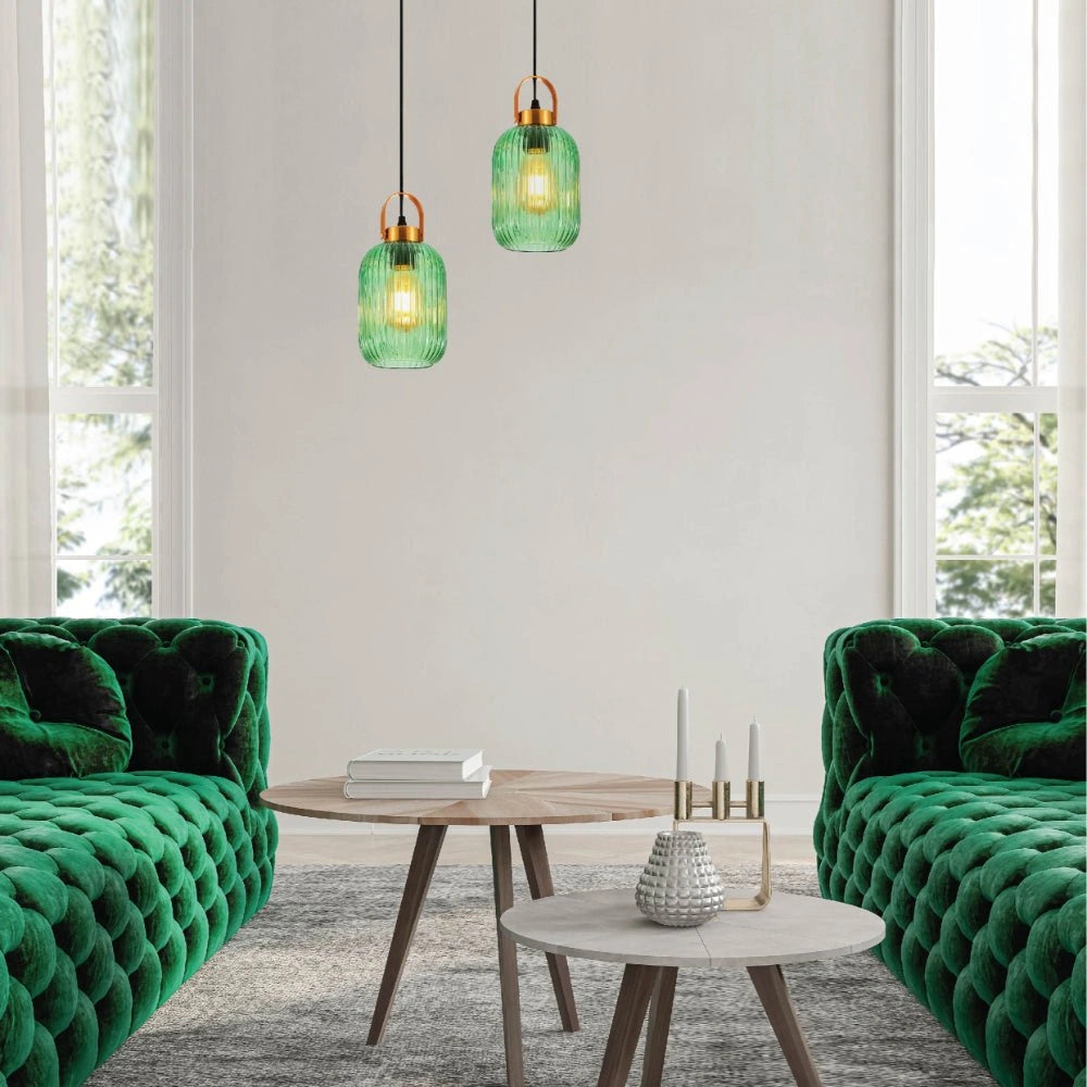 Living room usage of Sawyer Ribbed Fluted Reeded Maloto Lantern Green Glass Pendant Ceiling Light E27 Gold Handled  | TEKLED 150-18704