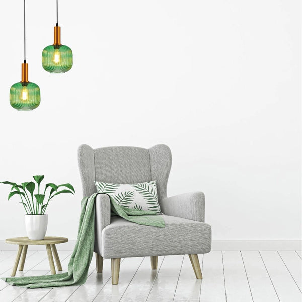 Indoor usage of Sawyer Ribbed Fluted Reeded Maloto Lantern Green Opal Purple Amber Glass Pendant Ceiling Light E27 Gold Metal Top | TEKLED 150-18718