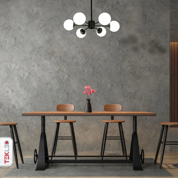 Indoor usage of Snowflake Opal Globe Glass Black Body Ceiling Light with 6xE27 Fittings | TEKLED 159-17423