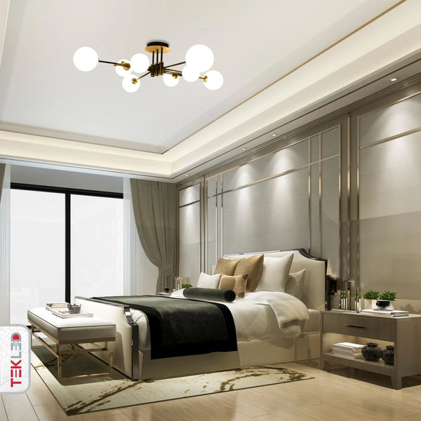 Indoor usage of White Globe Glass Black Rod Body Semi Flush Ceiling Light 3-1 with 8xG9 Fitting | TEKLED 159-17546