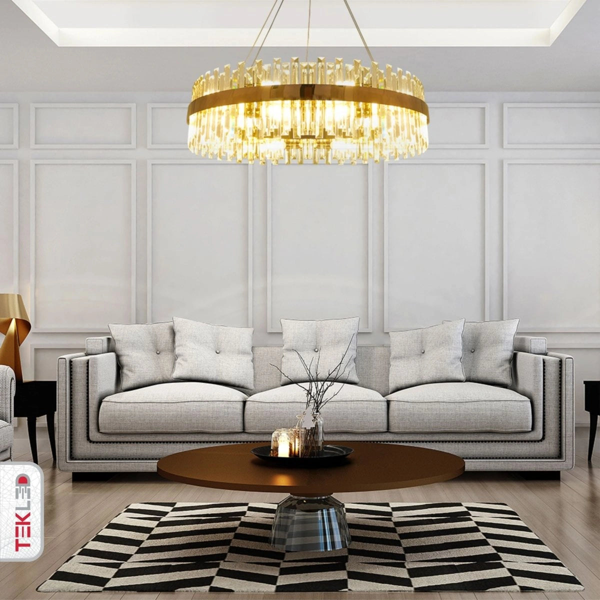Ikea type furnirured room with Coffin Crystal Gold Metal Island Chandelier L900 with 18xE14 Fitting | TEKLED 156-19562