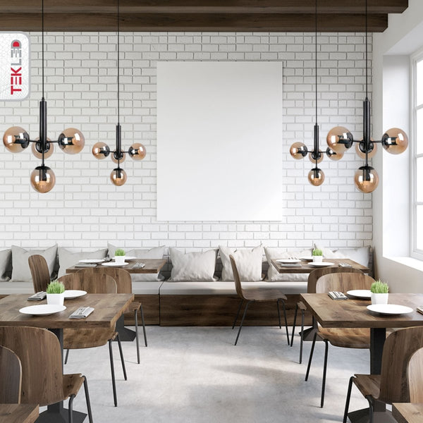 Interior application of Atom Model Amber Globe Glass Black Metal Body Chandelier with 4xE27 Fittings | TEKLED 159-17406