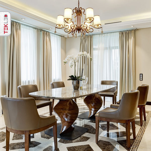 Interior application of Cream Shade Antique Brass Metal 6 Arm Chandelier with Pendeloque Crystals 6xE14 | TEKLED 158-17826