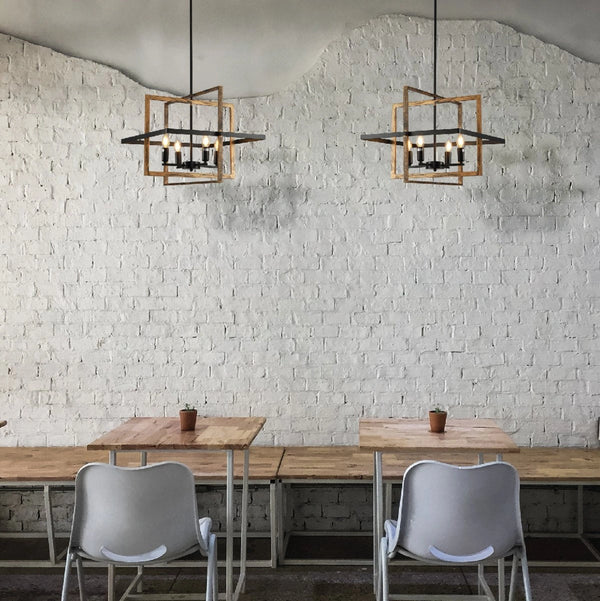 Interior application of Caged Cuboid Rectangle Candle Lantern Nautical Pendant Ceiling Light with 4xE14 Gold Black Finishing | TEKLED 159-17866