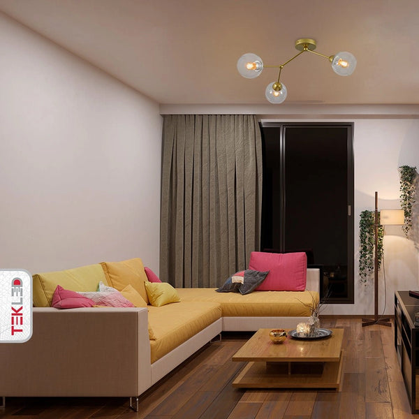 Interior application of Clear Glass Gold Wishbone Branch Twig Semi Flush Modern Sputnik Ceiling Light with 3xE27 Fitting | TEKLED 159-17804