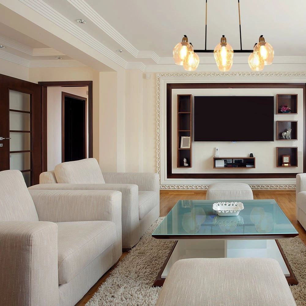 Interior application of Amber Cone Glass Black Gold Metal Body Island Chandelier Ceiling Light with 6xE27 Fitting | TEKLED 159-17396