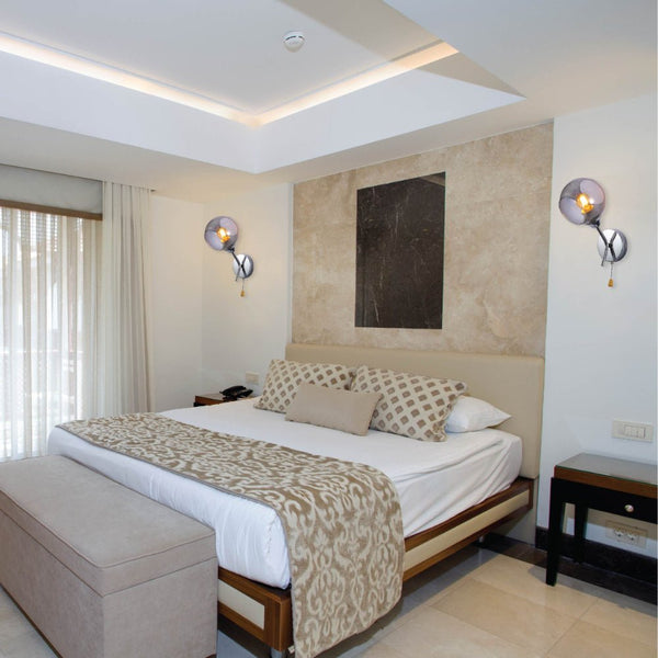 Interior application of Smoky Barrel Glass Chrome Metal Body Sputnik Modern Wall Light with Pull Down Switch E27 Fitting | TEKLED 151-19794