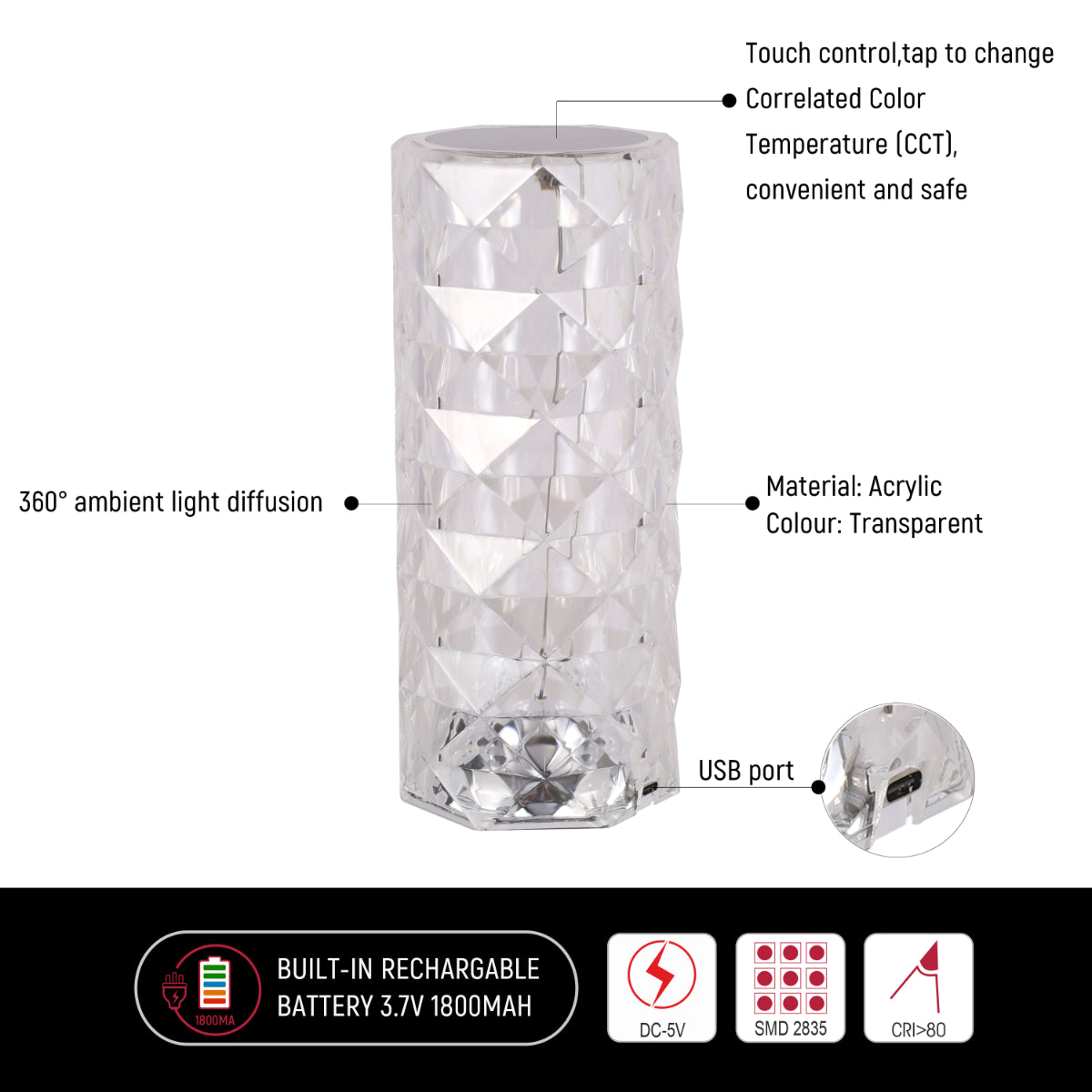 Primer plano de una lámpara cilíndrica recargable con diseño de cristal, perfecta para salones modernos y mesas decorativas.