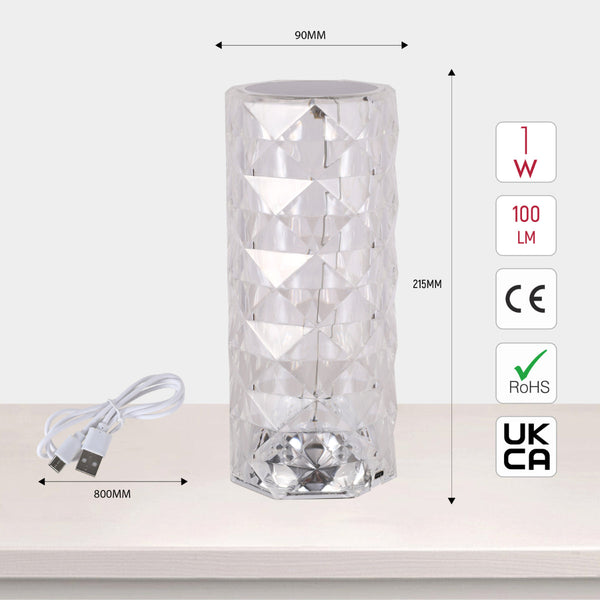 Lámpara cilíndrica recargable con acabado de cristal, perfecta para mesas en salones modernos y decoración contemporánea.