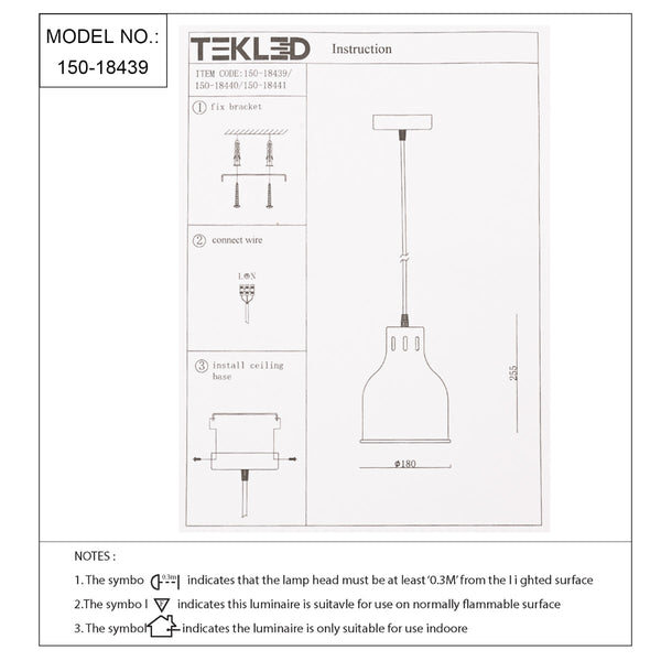 Dibujo técnico de una lámpara colgante cilíndrica con tapa de cúpula, mostrando dimensiones e instrucciones de instalación.