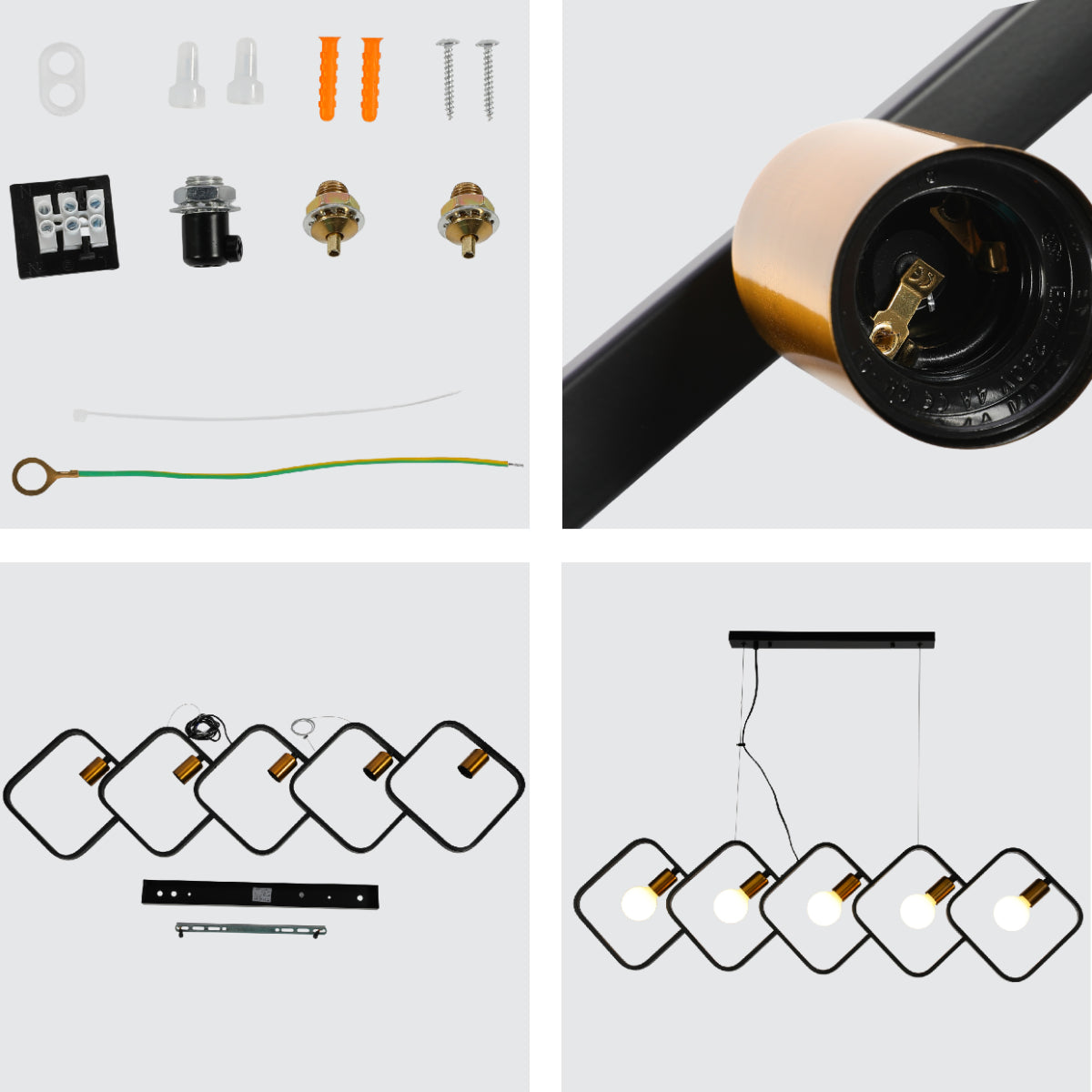 Primer plano de lámpara colgante cuadrada negra de doble tono, ideal para cocinas modernas y comedores elegantes con estilo contemporáneo.
