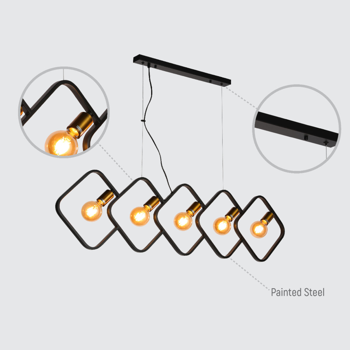 Lámpara colgante cuadrada de tono dual con cinco portalámparas, ideal para cocinas con decoración moderna.