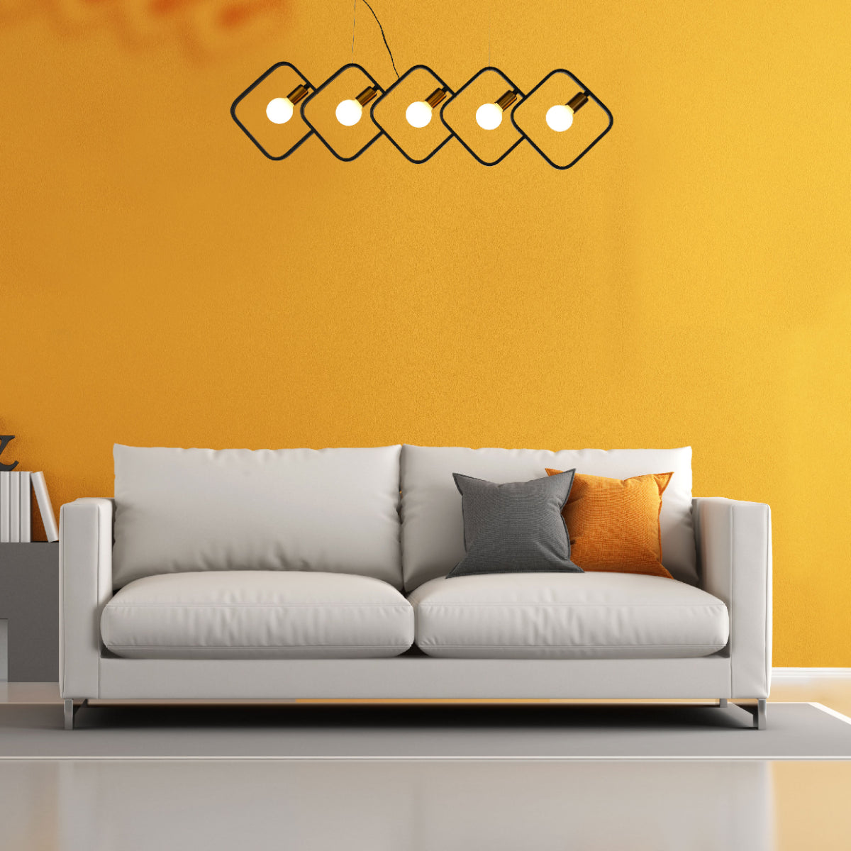 Luz colgante cuadrada negra de 5 portabombillas, ideal para cocinas modernas y decoraciones contemporáneas.