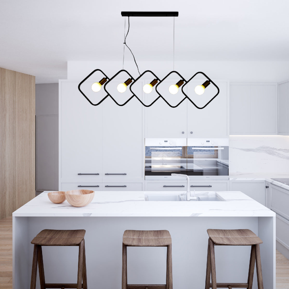 Lámpara colgante cuadrada negra de cinco luces, perfecta para islas de cocina en decoración moderna.
