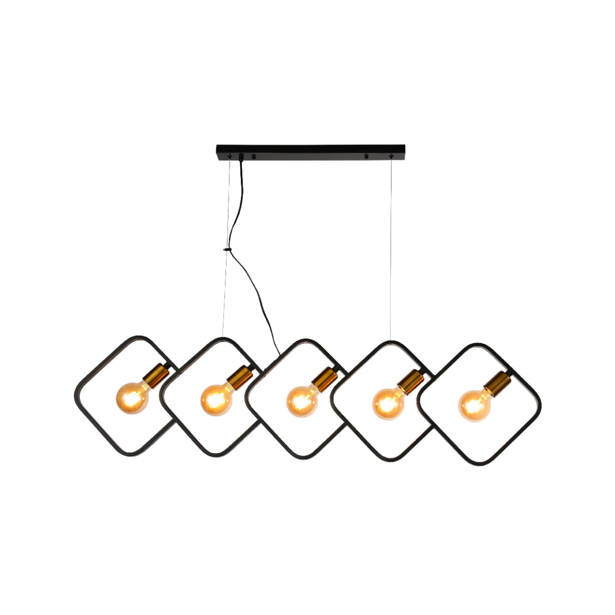Lámpara colgante cuadrada negra de cinco luces, perfecta para islas de cocina con estilo industrial moderno.