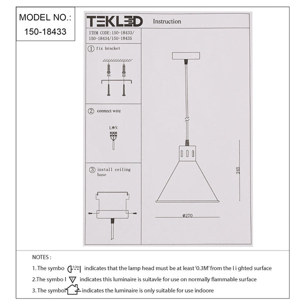 Dibujo técnico de lámpara colgante cónica industrial, mostrando dimensiones y detalles de instalación para decoración moderna.