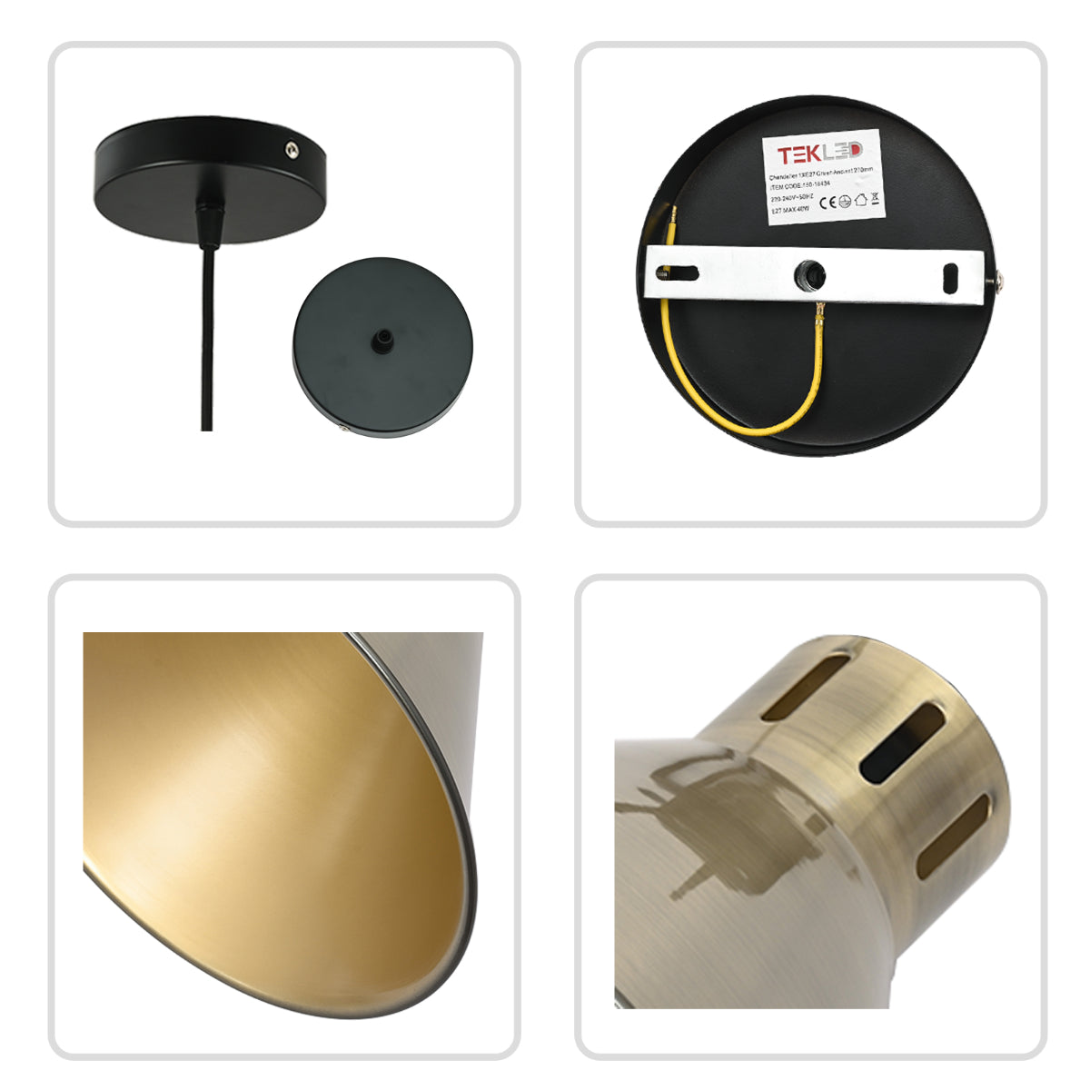 Primer plano de una lámpara colgante de cono industrial, perfecta para cocinas modernas con un toque minimalista.