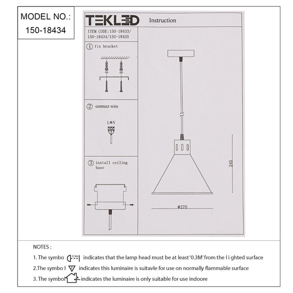 Dibujo técnico de lámpara colgante cónica industrial, mostrando dimensiones y especificaciones para instalación en espacios modernos.