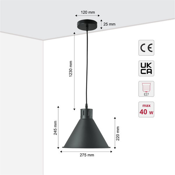 Lámpara colgante cónica industrial con diseño minimalista, perfecta para cocinas modernas y espacios contemporáneos.