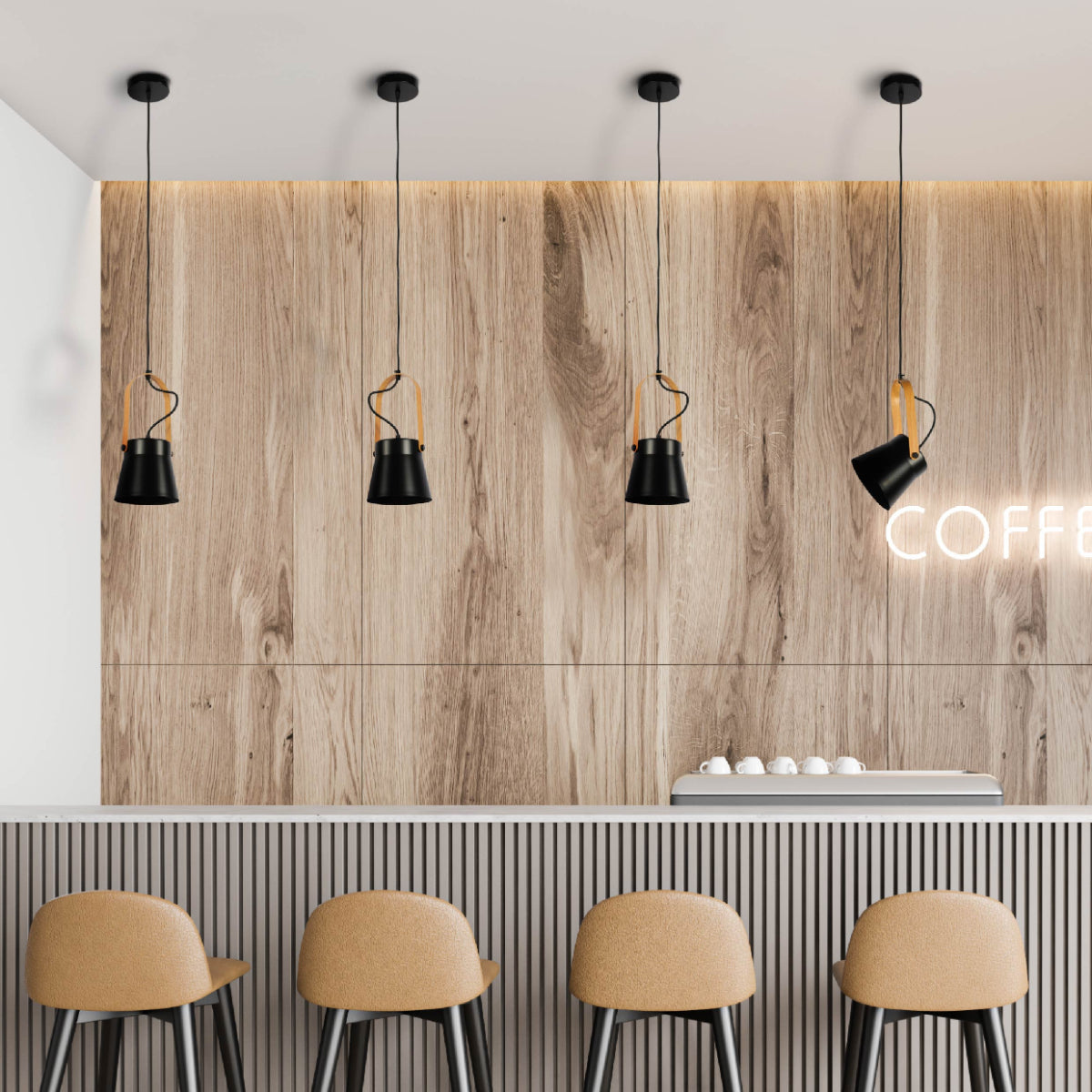 Lámpara colgante nórdica de cono en una cocina moderna, aportando estilo y funcionalidad a espacios contemporáneos.