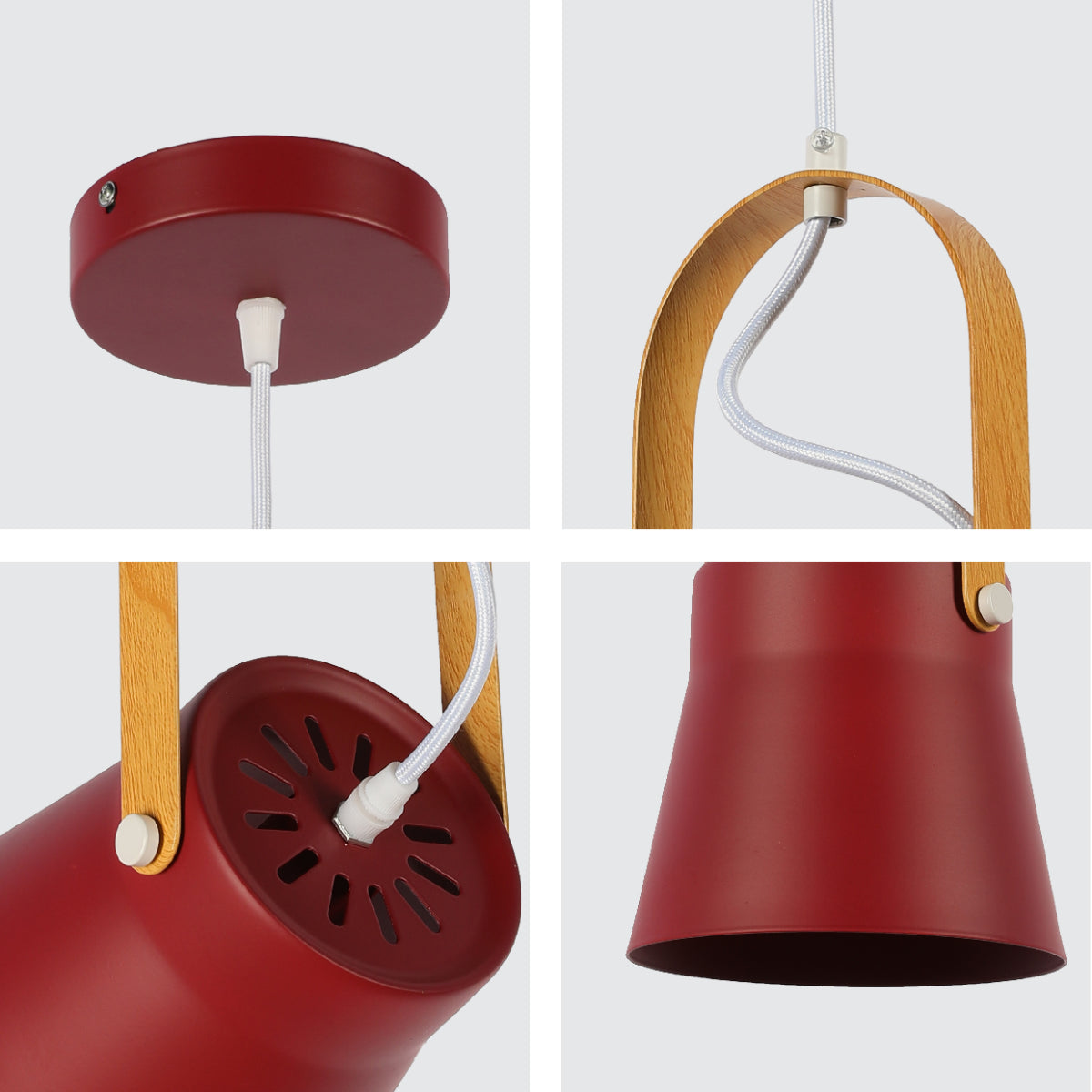 Primer plano de la lámpara colgante en forma de cono, perfecta para cocinas de estilo nórdico. Detalles minimalistas de alta calidad.