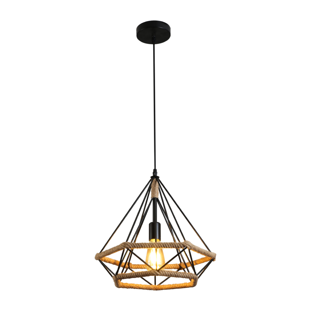 Lámpara colgante de cuerda de yute en forma de diamante, ideal para decoraciones rústicas en comedores y salas de estar.