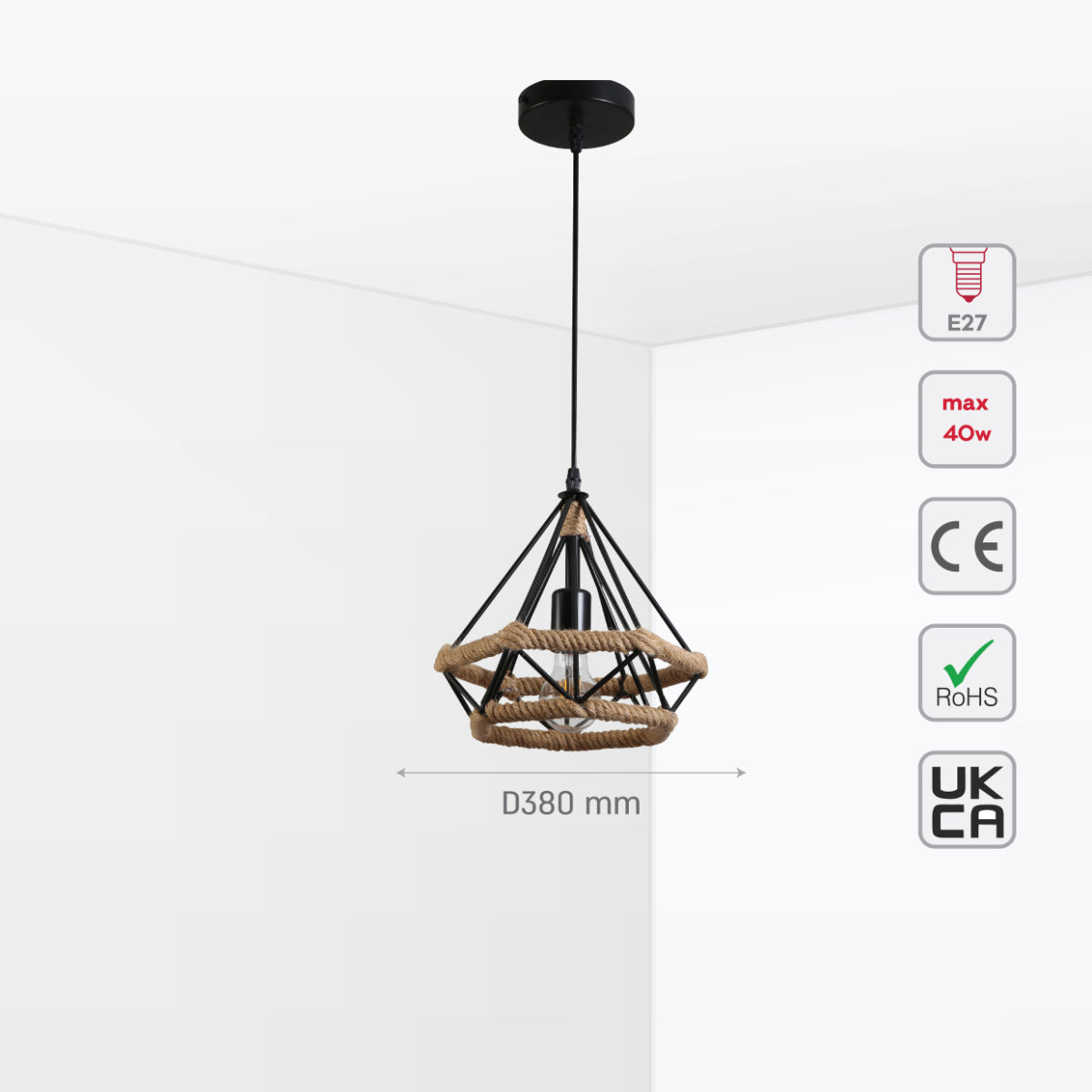 Imagen principal de una lámpara colgante de cuerda de yute con diseño de diamante, ideal para ambientes rústicos y contemporáneos.