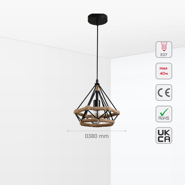 Imagen principal de una lámpara colgante de cuerda de yute con diseño de diamante, ideal para ambientes rústicos y contemporáneos.
