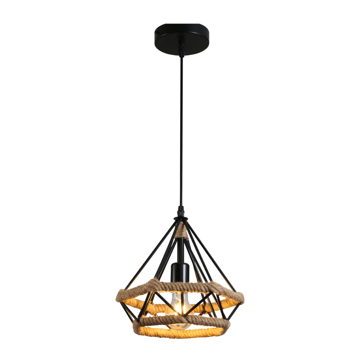 Imagen principal de una lámpara colgante de cuerda de yute en forma de diamante, ideal para decorar espacios rústicos y modernos.