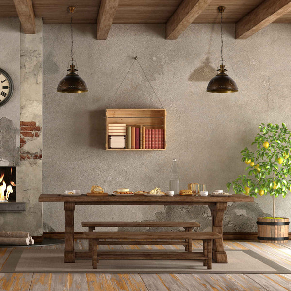 Lámpara colgante industrial vintage con detalles de remaches, perfecta para comedores con decoración rústica y acogedora.
