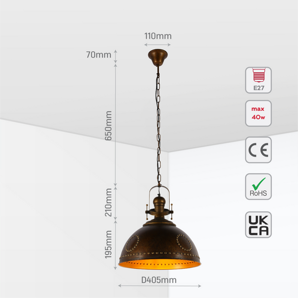 Lámpara colgante industrial vintage con detalles en remaches, perfecta para espacios de cocina o comedor con estilo rústico.