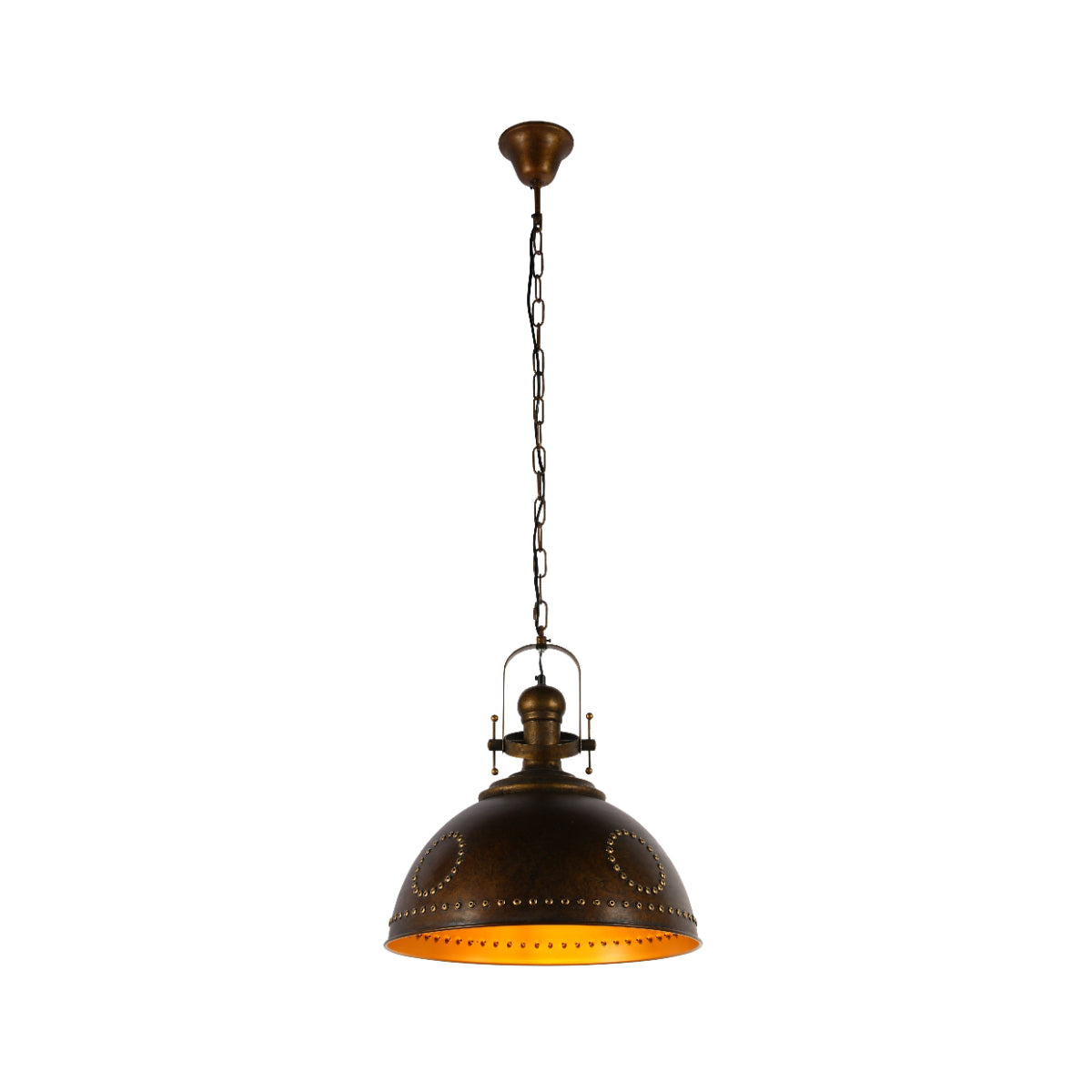 Imagen principal de una lámpara colgante industrial vintage con detalles de remaches, perfecta para espacios de estilo rústico o contemporáneo.