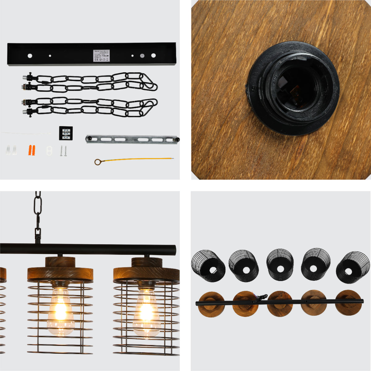 Luz colgante industrial en forma de jaula rectangular, ideal para comedores con decoración rústica y toques de madera.