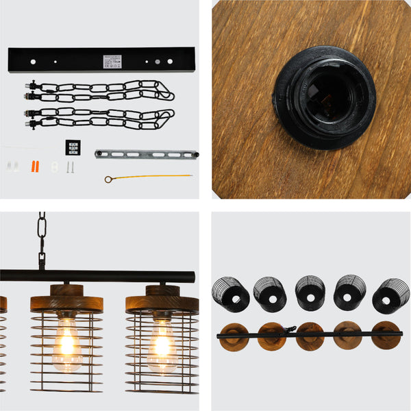 Luz colgante industrial en forma de jaula rectangular, ideal para comedores con decoración rústica y toques de madera.